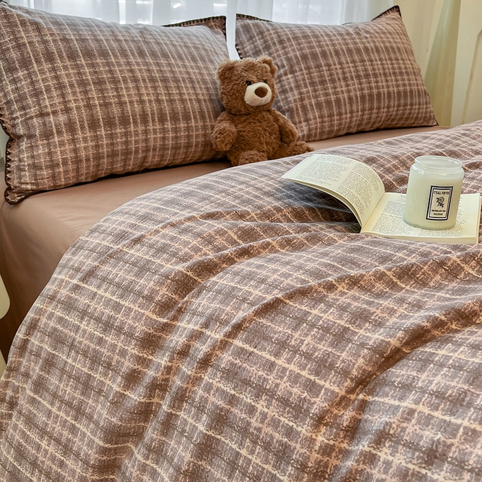 91家纺网 家纺一手货源 找家纺 莱茵家居 2025新款全棉磨毛贝壳边四件套 咖棕英伦