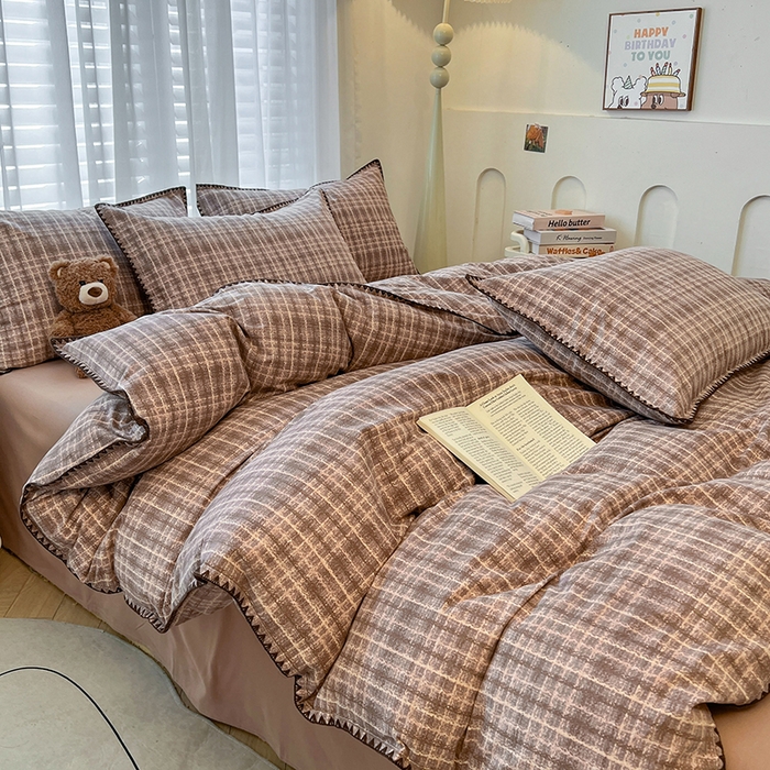 91家纺网 家纺一手货源 找家纺 莱茵家居 2025新款全棉磨毛贝壳边四件套 咖棕英伦