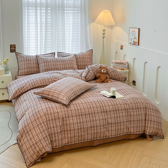 91家纺网 家纺一手货源 找家纺 莱茵家居 2025新款全棉磨毛贝壳边四件套 咖棕英伦