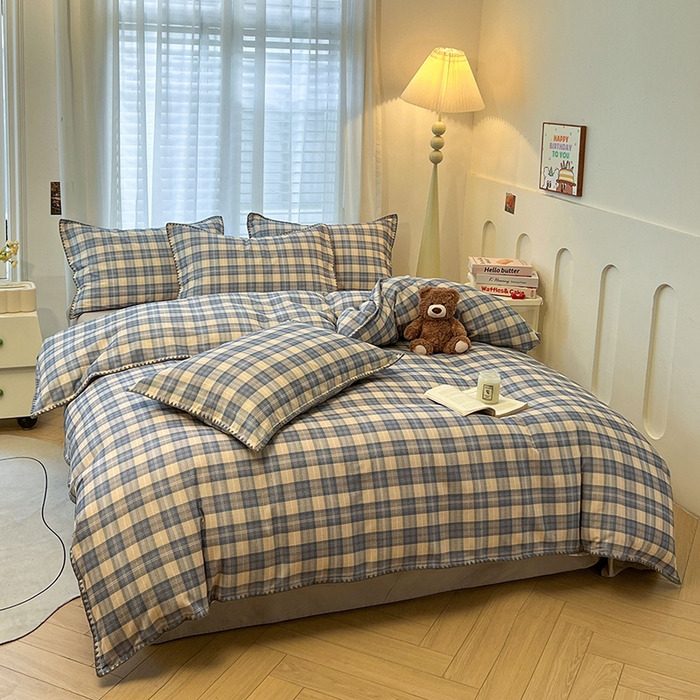 91家纺网 家纺一手货源 找家纺 莱茵家居 2025新款全棉磨毛贝壳边四件套 蓝黄格韵