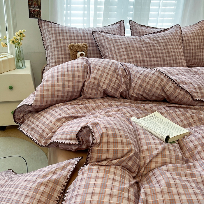 91家纺网 家纺一手货源 找家纺 莱茵家居 2025新款全棉磨毛贝壳边四件套 奶棕渐柔