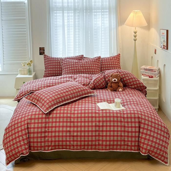 91家纺网 家纺一手货源 找家纺 莱茵家居 2025新款全棉磨毛贝壳边四件套 暖红松影