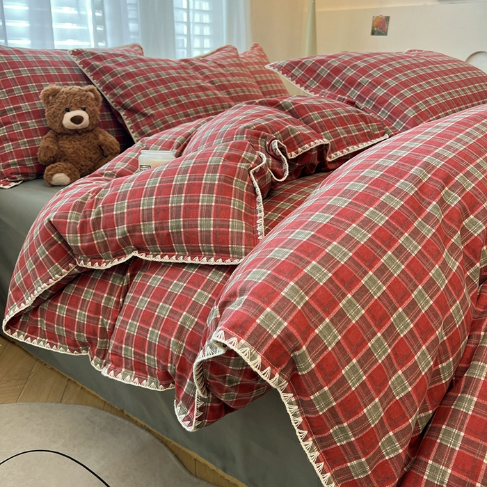 91家纺网 家纺一手货源 找家纺 莱茵家居 2025新款全棉磨毛贝壳边四件套 暖红松影