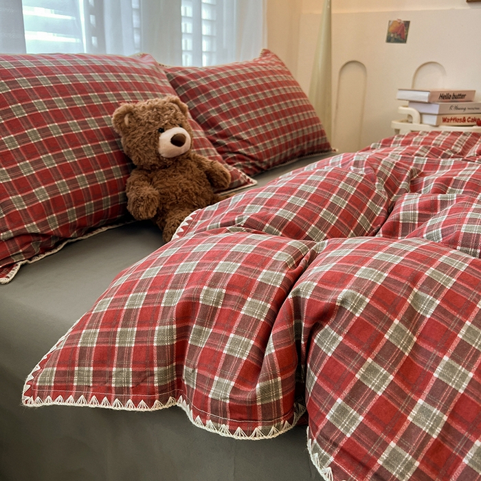 91家纺网 家纺一手货源 找家纺 莱茵家居 2025新款全棉磨毛贝壳边四件套 暖红松影