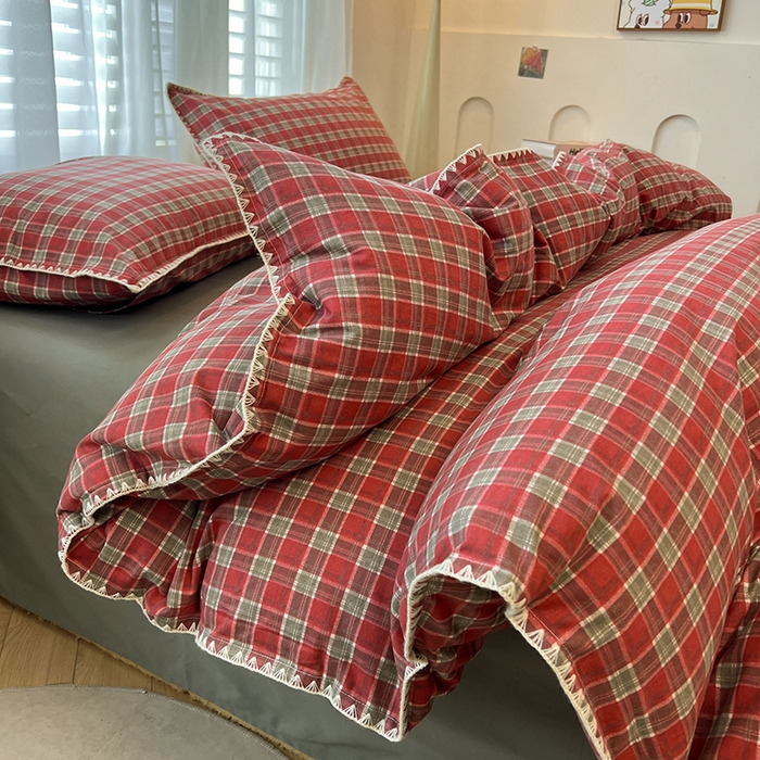 91家纺网 家纺一手货源 找家纺 莱茵家居 2025新款全棉磨毛贝壳边四件套 暖红松影