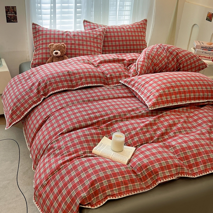 91家纺网 家纺一手货源 找家纺 莱茵家居 2025新款全棉磨毛贝壳边四件套 暖红松影