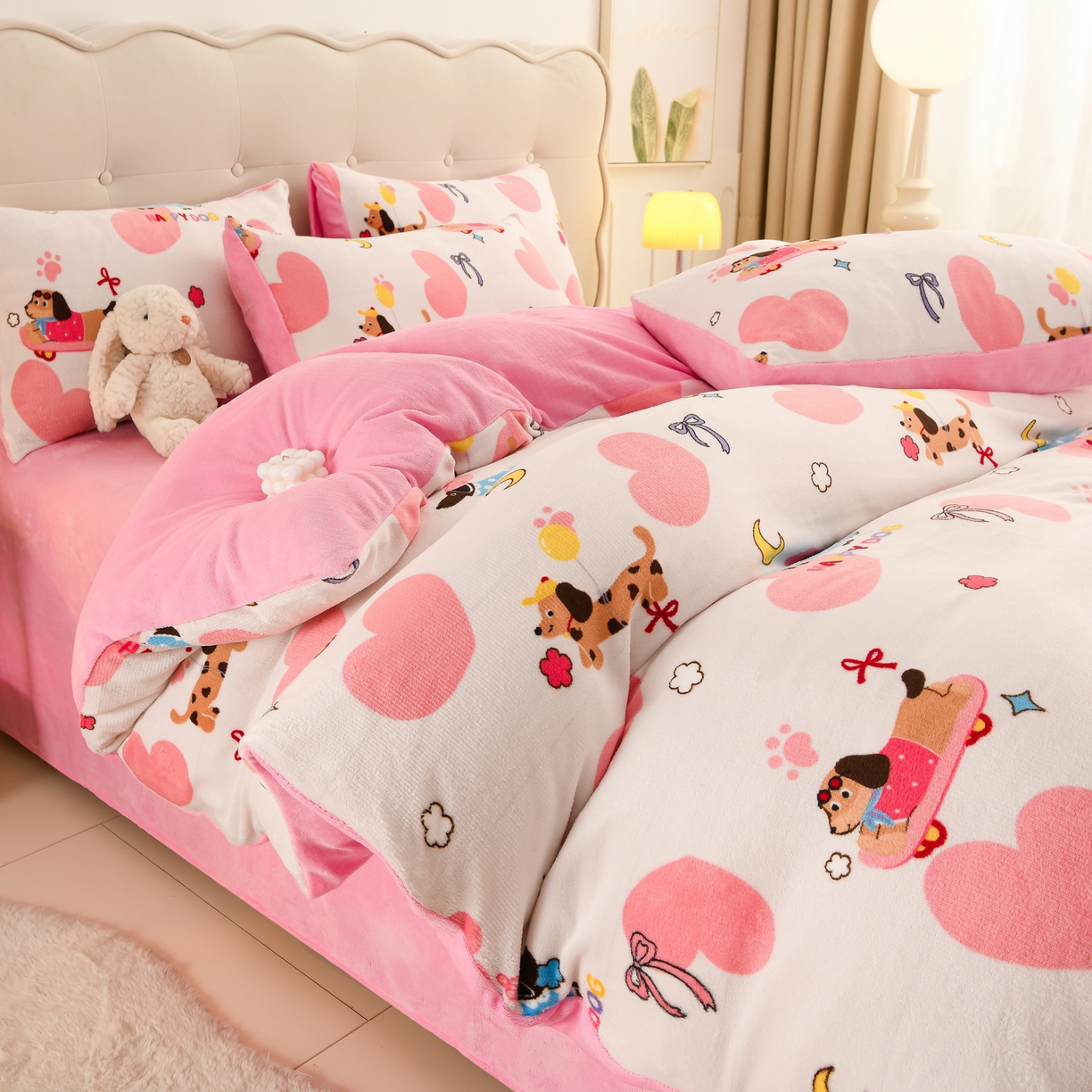 紫月轩家纺 2025新款A类牛奶绒小清新印花四件套 小狗派对