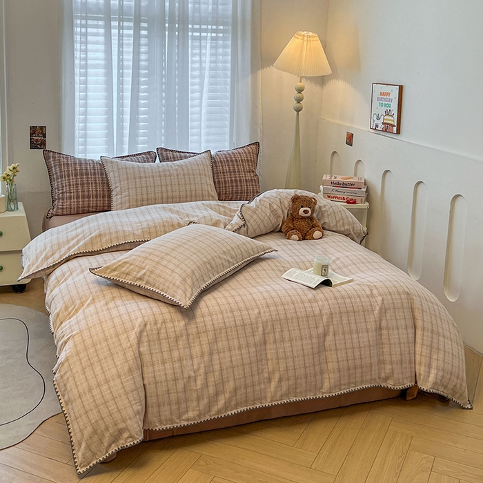 91家纺网 家纺一手货源 找家纺 莱茵家居 2025新款全棉磨毛贝壳边四件套 浅咖叠影