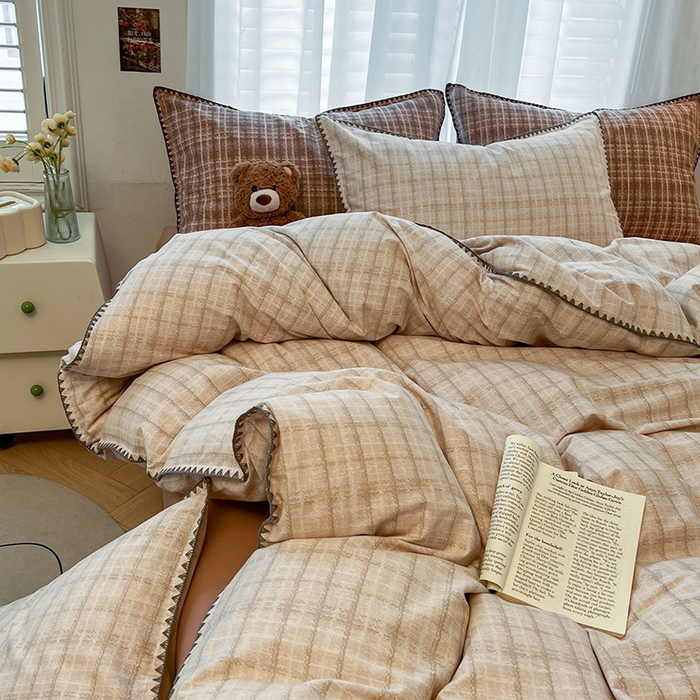 91家纺网 家纺一手货源 找家纺 莱茵家居 2025新款全棉磨毛贝壳边四件套 浅咖叠影