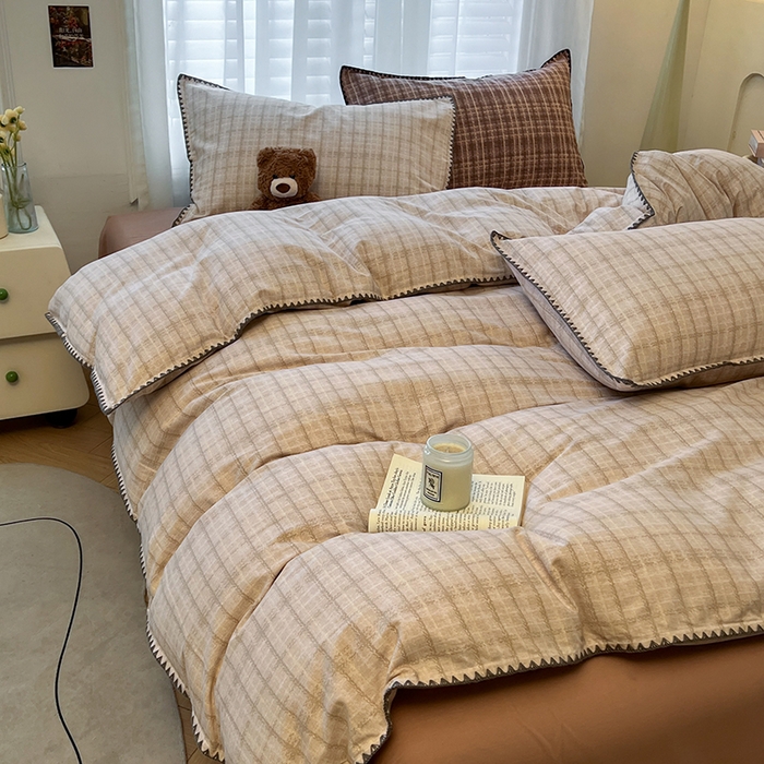 91家纺网 家纺一手货源 找家纺 莱茵家居 2025新款全棉磨毛贝壳边四件套 浅咖叠影