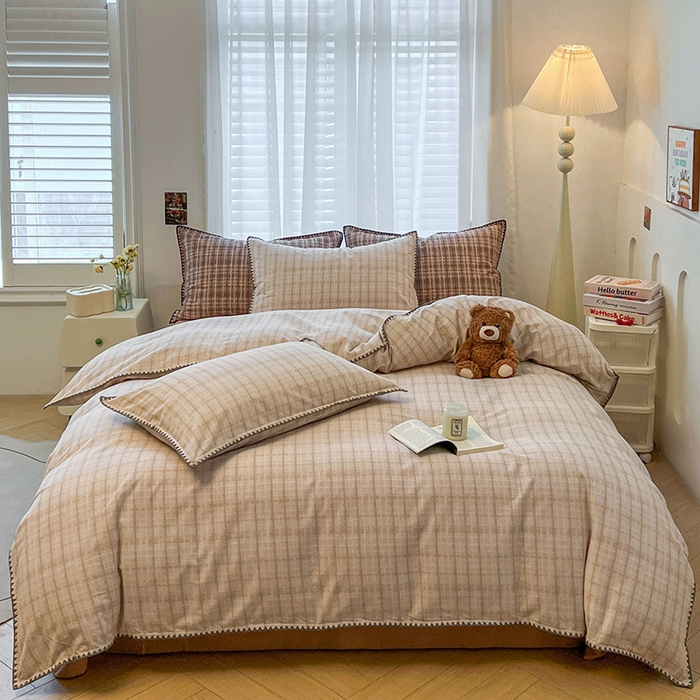 91家纺网 家纺一手货源 找家纺 莱茵家居 2025新款全棉磨毛贝壳边四件套 浅咖叠影