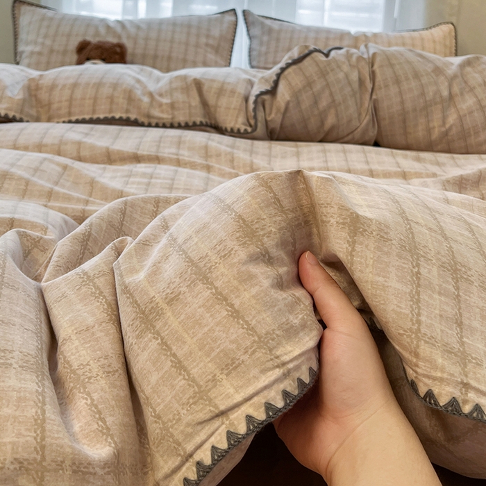莱茵家居 2025新款全棉磨毛贝壳边四件套 浅咖叠影