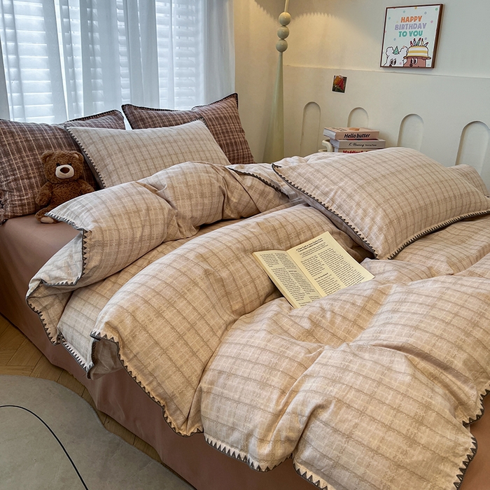 91家纺网 家纺一手货源 找家纺 莱茵家居 2025新款全棉磨毛贝壳边四件套 浅咖叠影