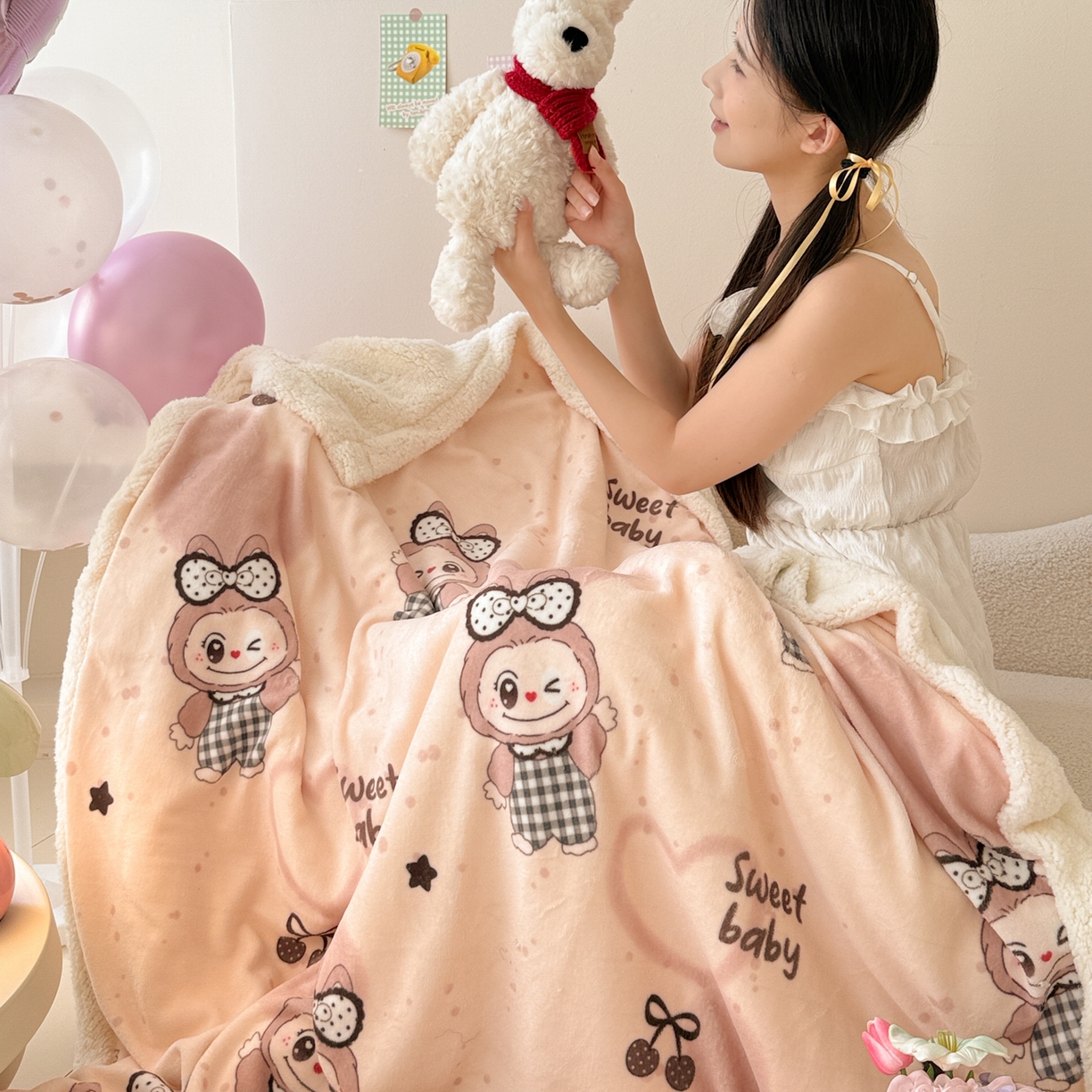 91家纺网 家纺一手货源 找家纺 沐慕 2025新款牛奶绒拼羊羔绒毛毯盖毯毯子 毛毯-可爱布布