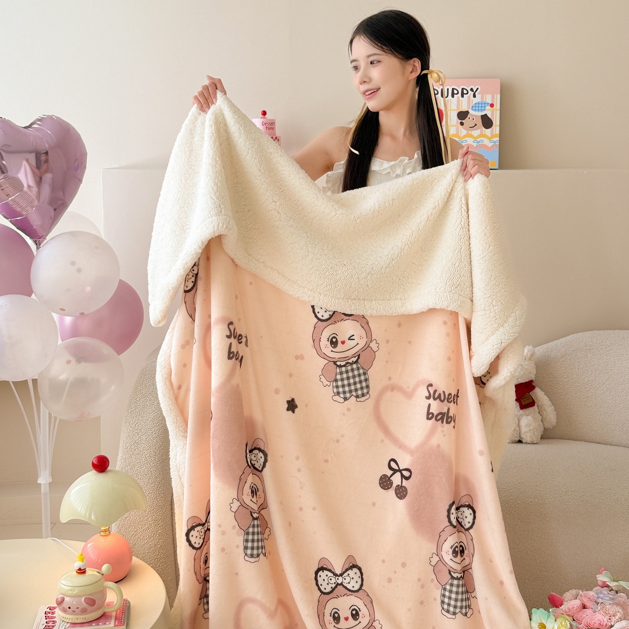 91家纺网 家纺一手货源 找家纺 沐慕 2025新款牛奶绒拼羊羔绒毛毯盖毯毯子 毛毯-可爱布布