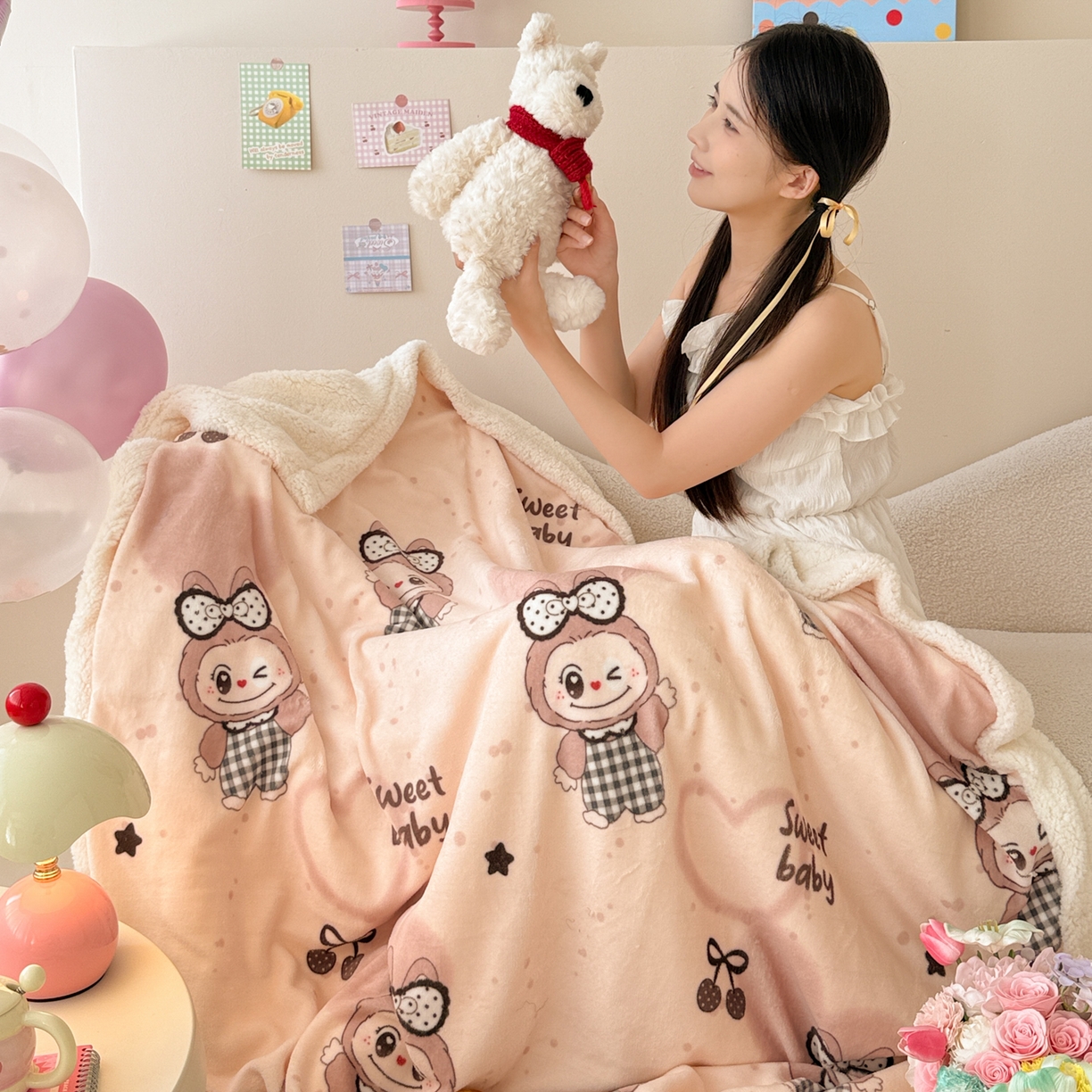 91家纺网 家纺一手货源 找家纺 沐慕 2025新款牛奶绒拼羊羔绒毛毯盖毯毯子 毛毯-可爱布布