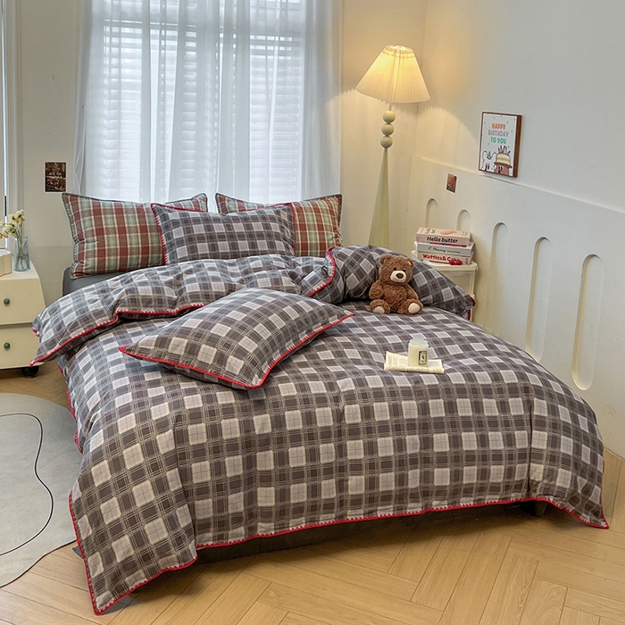 91家纺网 家纺一手货源 找家纺 莱茵家居 2025新款全棉磨毛贝壳边四件套 雾灰墨韵