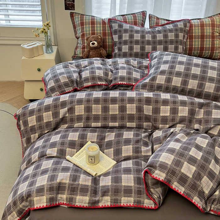 91家纺网 家纺一手货源 找家纺 莱茵家居 2025新款全棉磨毛贝壳边四件套 雾灰墨韵