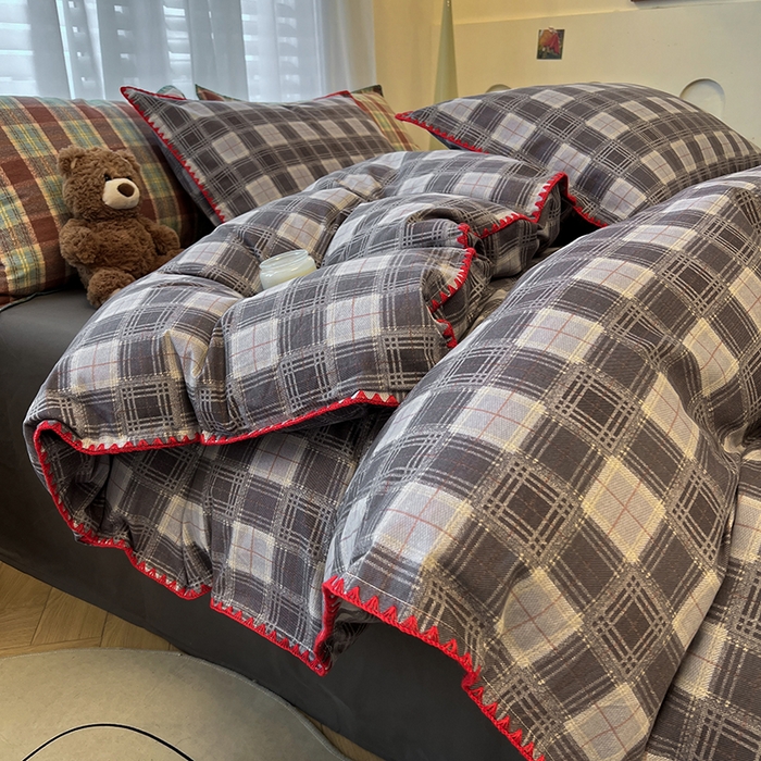 91家纺网 家纺一手货源 找家纺 莱茵家居 2025新款全棉磨毛贝壳边四件套 雾灰墨韵