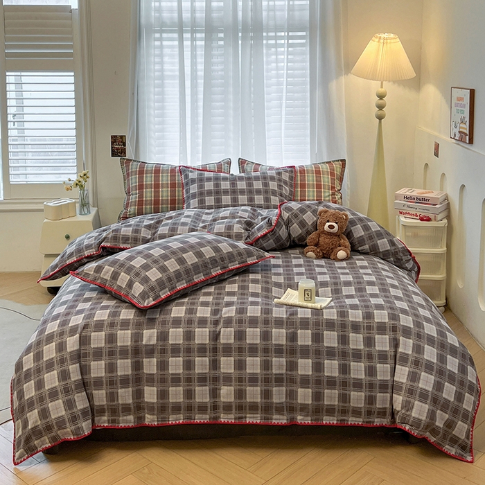 91家纺网 家纺一手货源 找家纺 莱茵家居 2025新款全棉磨毛贝壳边四件套 雾灰墨韵