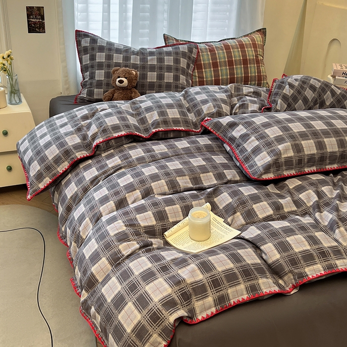 91家纺网 家纺一手货源 找家纺 莱茵家居 2025新款全棉磨毛贝壳边四件套 雾灰墨韵