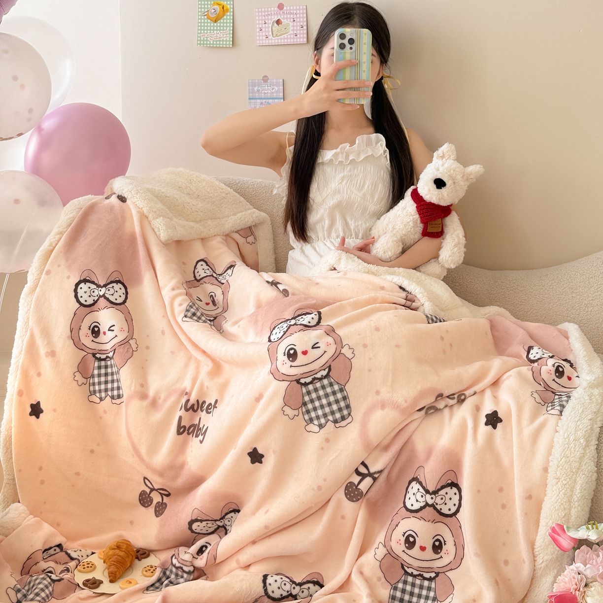 91家纺网 家纺一手货源 找家纺 沐慕 2025新款牛奶绒拼羊羔绒毛毯盖毯毯子 毛毯-可爱布布