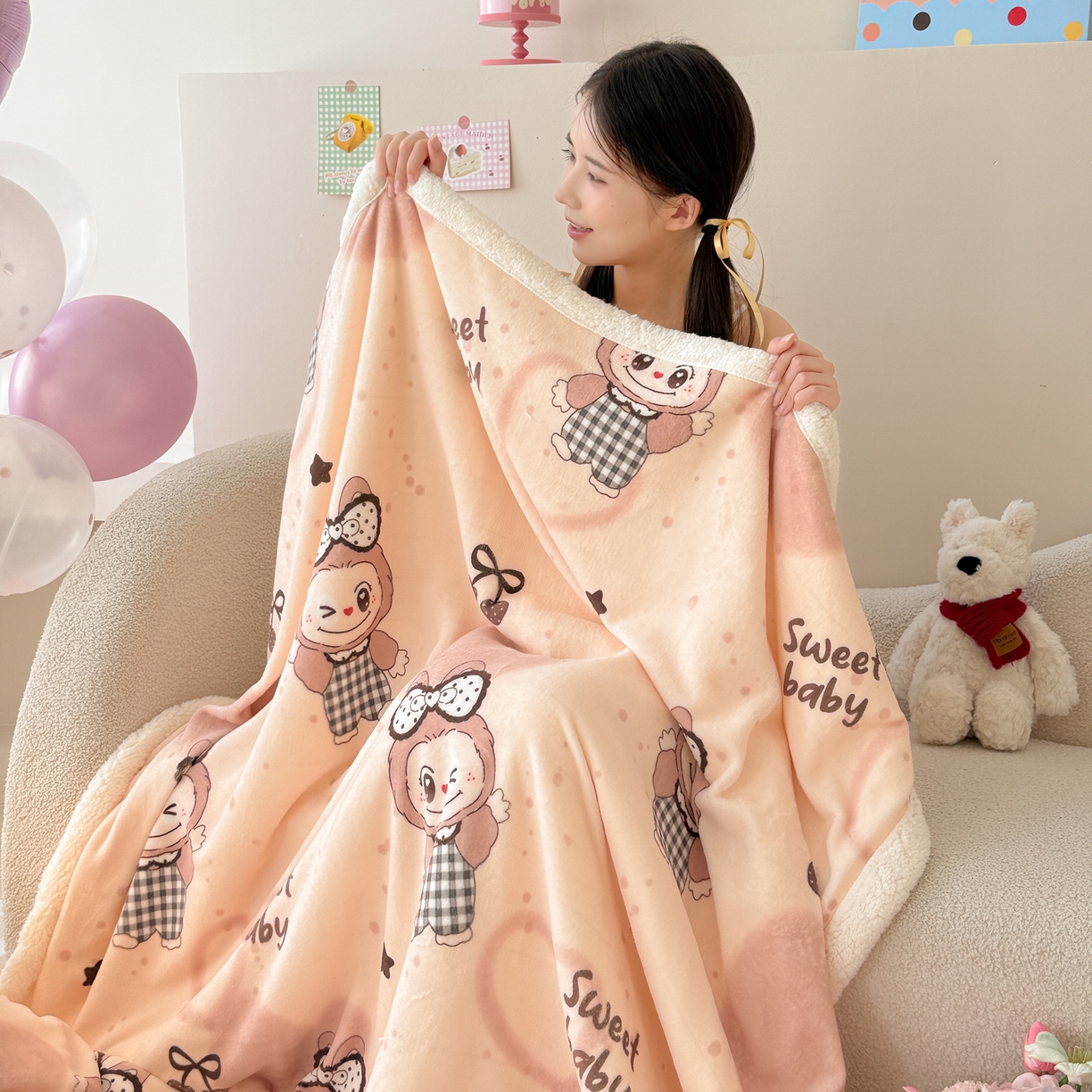 91家纺网 家纺一手货源 找家纺 沐慕 2025新款牛奶绒拼羊羔绒毛毯盖毯毯子 毛毯-可爱布布