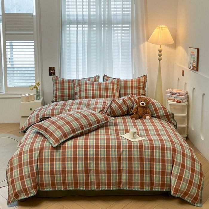 91家纺网 家纺一手货源 找家纺 莱茵家居 2025新款全棉磨毛贝壳边四件套 棕林青雾