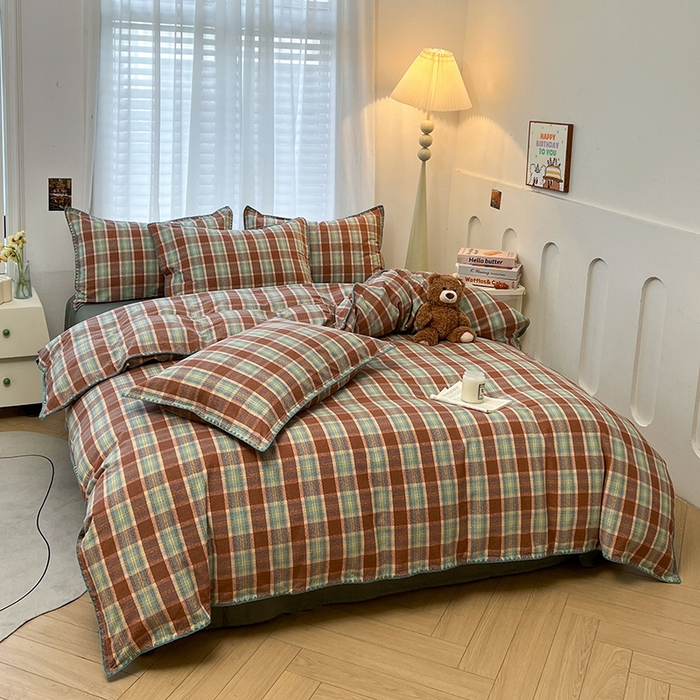 91家纺网 家纺一手货源 找家纺 莱茵家居 2025新款全棉磨毛贝壳边四件套 棕林青雾