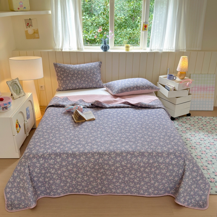 漫调家纺 2025新款全棉双层纱与绒床盖三件套 黛紫缀花