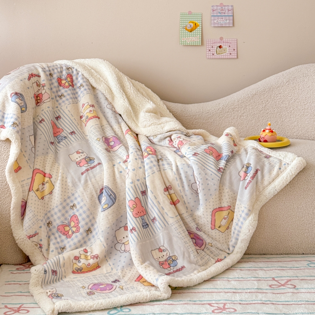 沐慕 2025新款牛奶绒拼羊羔绒毛毯盖毯毯子 毛毯-蓝块猫咪酱