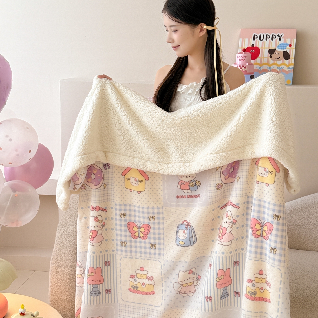 91家纺网 家纺一手货源 找家纺 沐慕 2025新款牛奶绒拼羊羔绒毛毯盖毯毯子 毛毯-蓝块猫咪酱