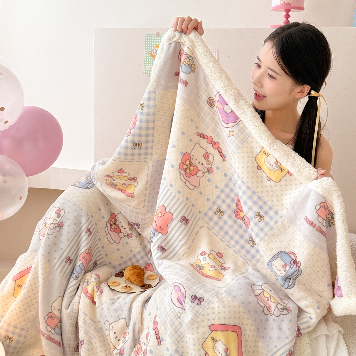 91家纺网 家纺一手货源 找家纺 沐慕 2025新款牛奶绒拼羊羔绒毛毯盖毯毯子 毛毯-蓝块猫咪酱