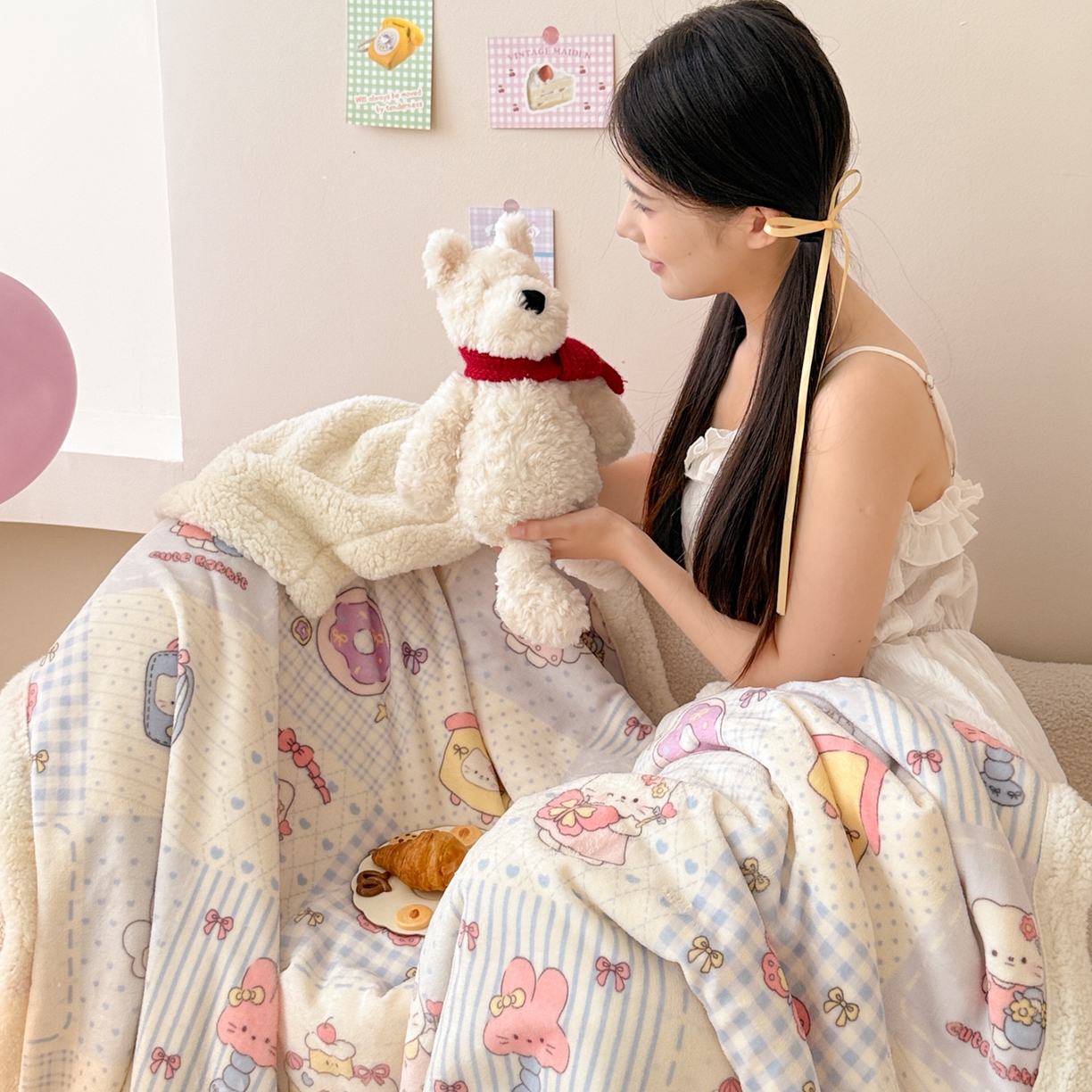 91家纺网 家纺一手货源 找家纺 沐慕 2025新款牛奶绒拼羊羔绒毛毯盖毯毯子 毛毯-蓝块猫咪酱