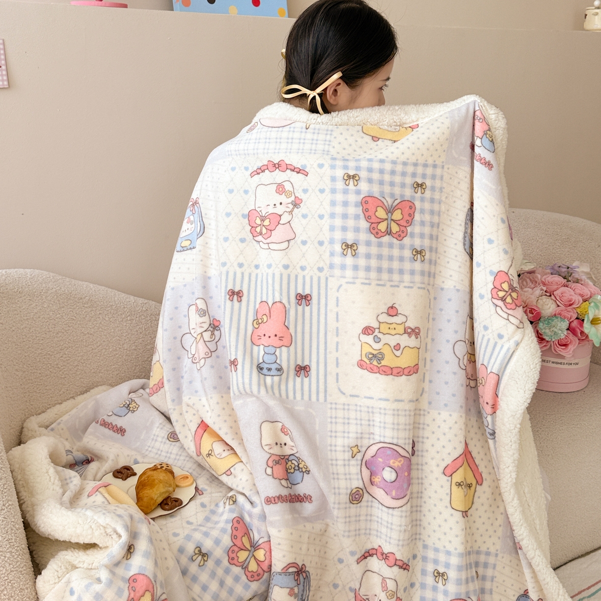 91家纺网 家纺一手货源 找家纺 沐慕 2025新款牛奶绒拼羊羔绒毛毯盖毯毯子 毛毯-蓝块猫咪酱