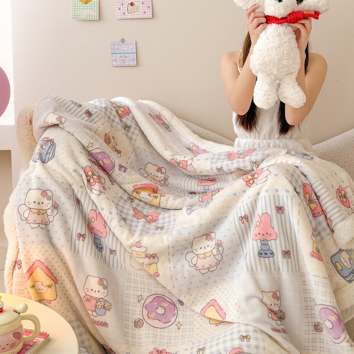 91家纺网 家纺一手货源 找家纺 沐慕 2025新款牛奶绒拼羊羔绒毛毯盖毯毯子 毛毯-蓝块猫咪酱