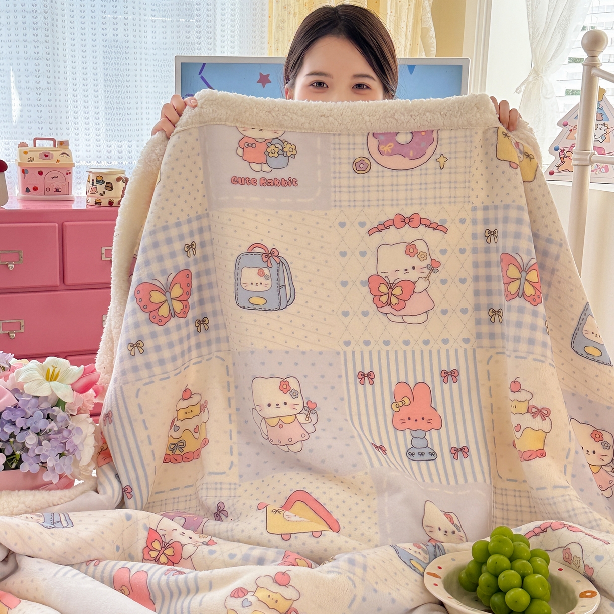 91家纺网 家纺一手货源 找家纺 沐慕 2025新款牛奶绒拼羊羔绒毛毯盖毯毯子 毛毯-蓝块猫咪酱