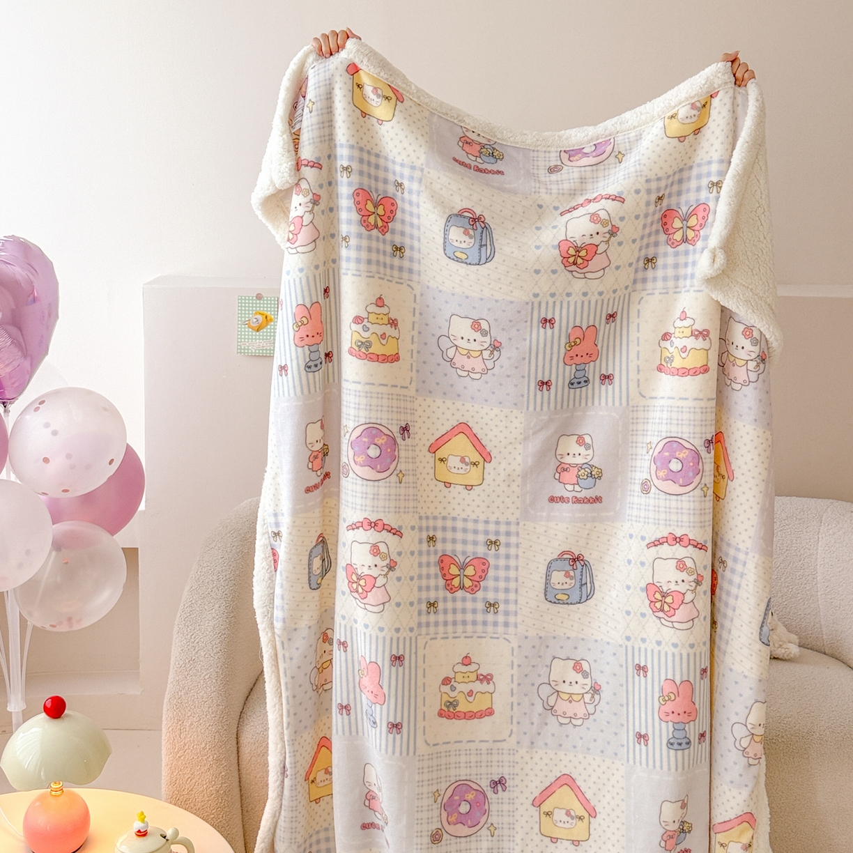 91家纺网 家纺一手货源 找家纺 沐慕 2025新款牛奶绒拼羊羔绒毛毯盖毯毯子 毛毯-蓝块猫咪酱