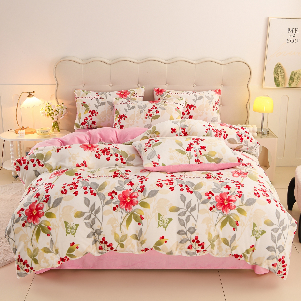 91家纺网 家纺一手货源 找家纺 紫月轩家纺 2025新款A类牛奶绒小清新印花四件套 樱花雨