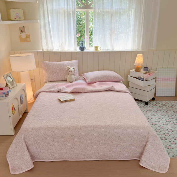 漫调家纺 2025新款全棉双层纱与绒床盖三件套 粉雾枝蔓