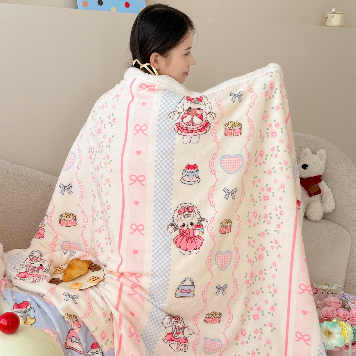 91家纺网 家纺一手货源 找家纺 沐慕 2025新款牛奶绒拼羊羔绒毛毯盖毯毯子 毛毯-洛丽塔