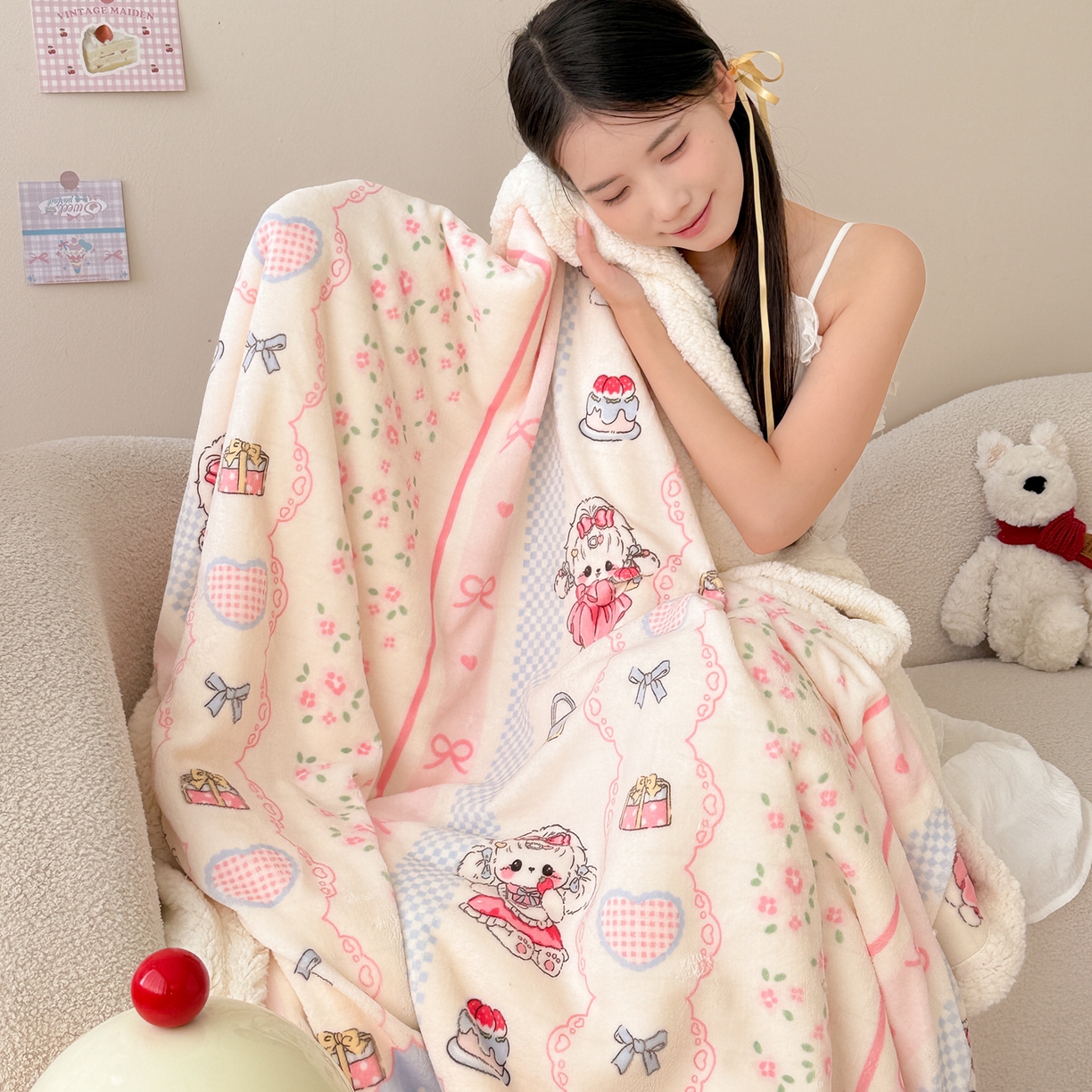 91家纺网 家纺一手货源 找家纺 沐慕 2025新款牛奶绒拼羊羔绒毛毯盖毯毯子 毛毯-洛丽塔