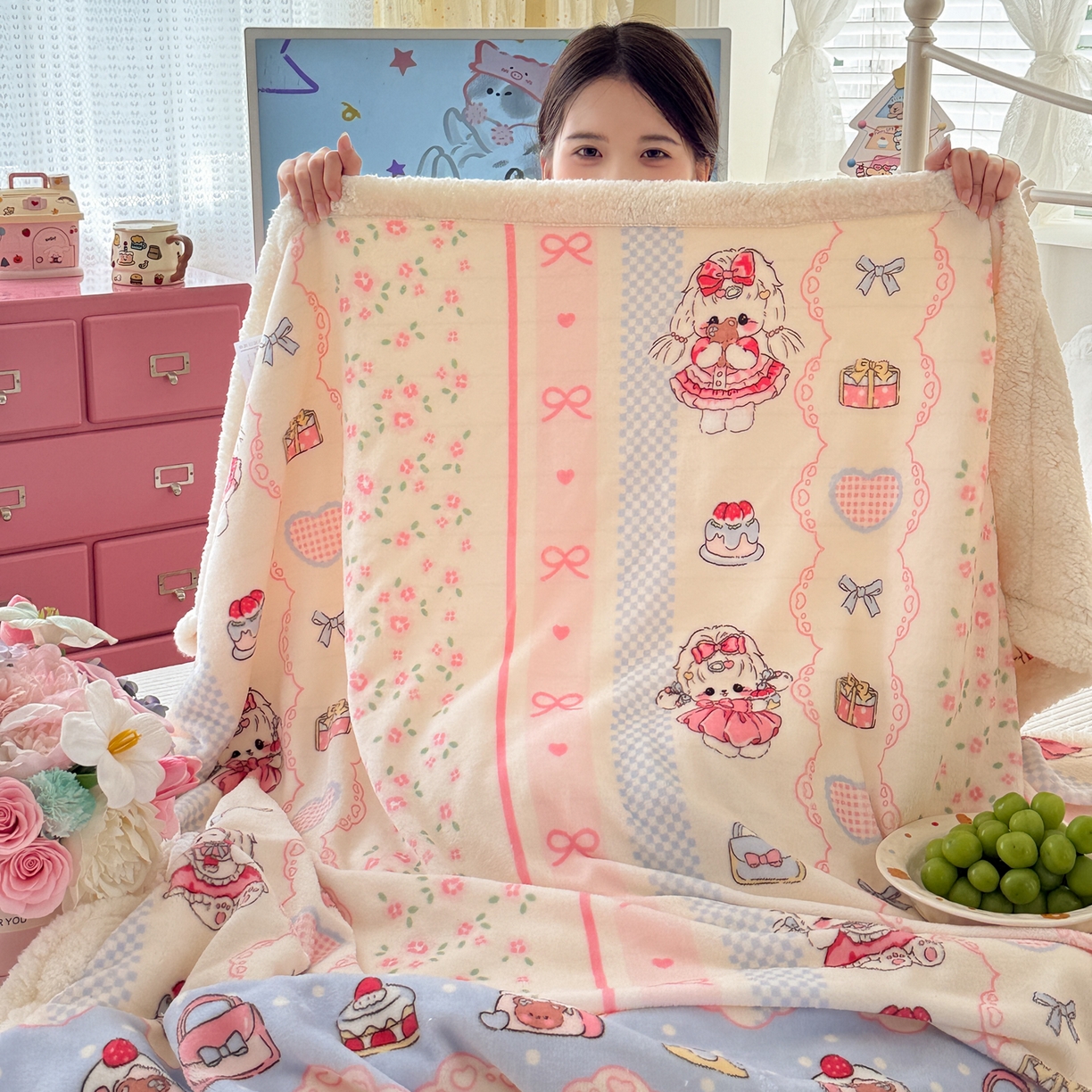 91家纺网 家纺一手货源 找家纺 沐慕 2025新款牛奶绒拼羊羔绒毛毯盖毯毯子 毛毯-洛丽塔