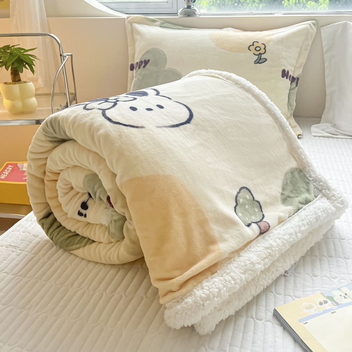 91家纺网 家纺一手货源 找家纺 沐慕 2025新款牛奶绒拼羊羔绒毛毯盖毯毯子 毛毯-绿色爱心兔