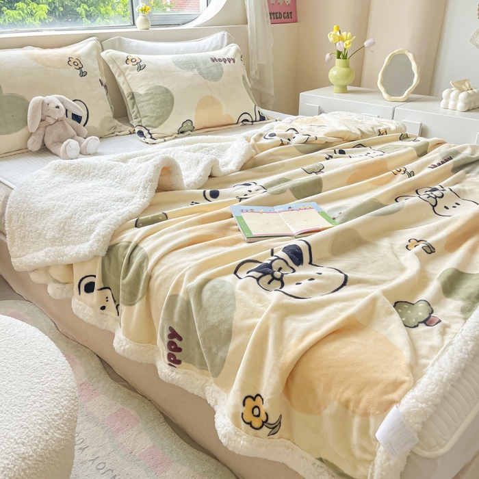 91家纺网 家纺一手货源 找家纺 沐慕 2025新款牛奶绒拼羊羔绒毛毯盖毯毯子 毛毯-绿色爱心兔