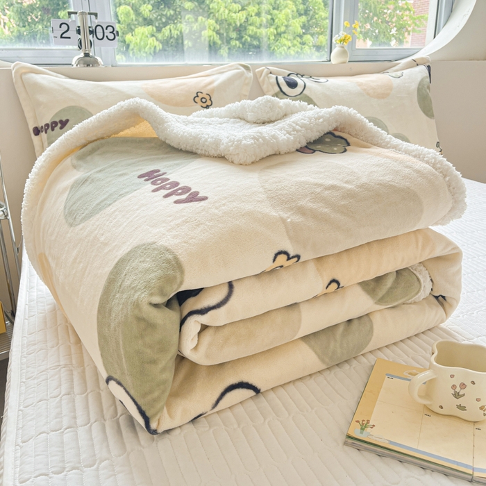 91家纺网 家纺一手货源 找家纺 沐慕 2025新款牛奶绒拼羊羔绒毛毯盖毯毯子 毛毯-绿色爱心兔