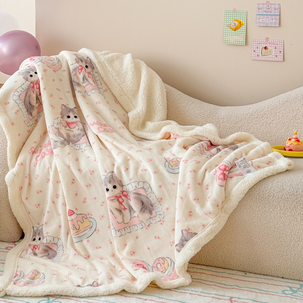 沐慕 2025新款牛奶绒拼羊羔绒毛毯盖毯毯子 毛毯-玫瑰粉喵