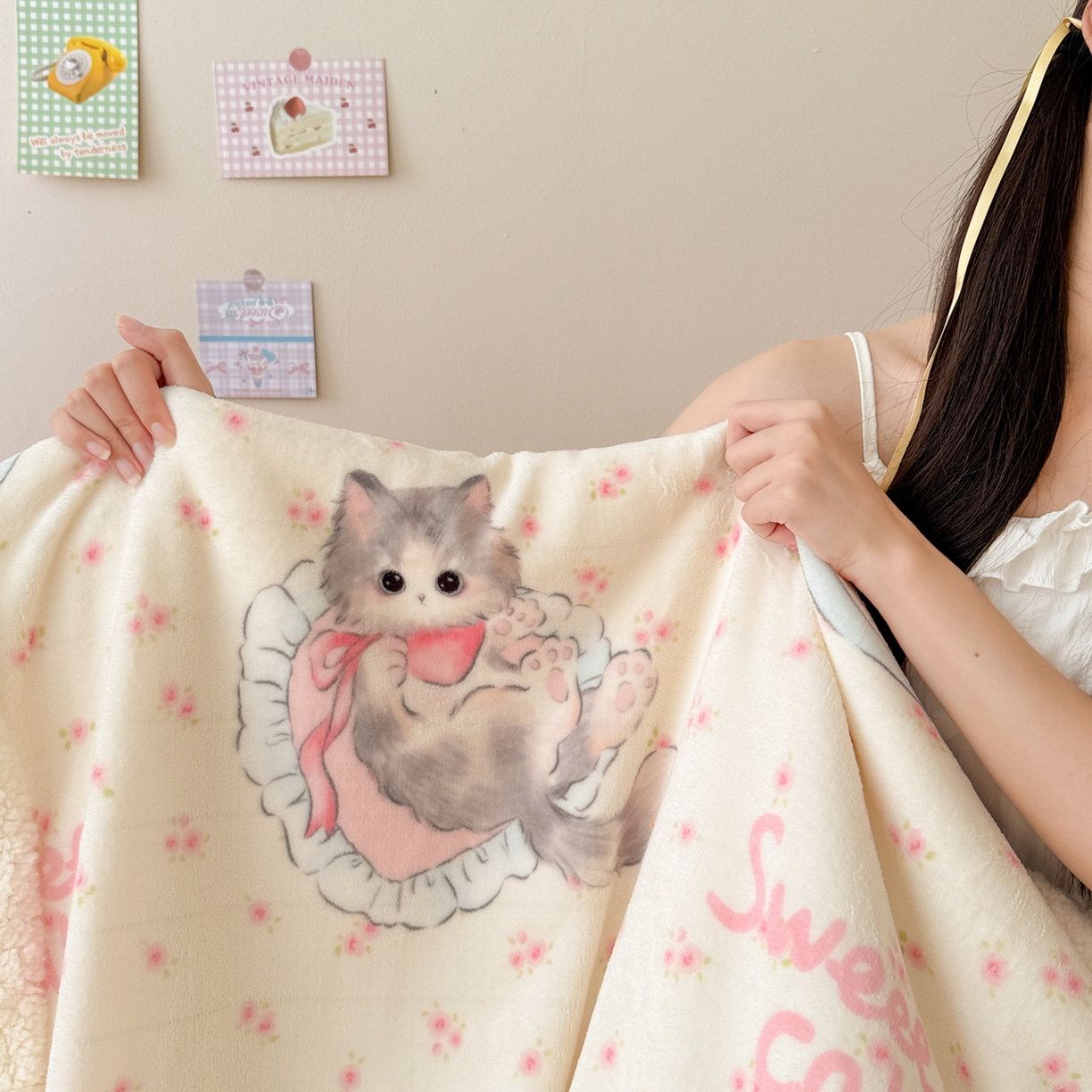 91家纺网 家纺一手货源 找家纺 沐慕 2025新款牛奶绒拼羊羔绒毛毯盖毯毯子 毛毯-玫瑰粉喵