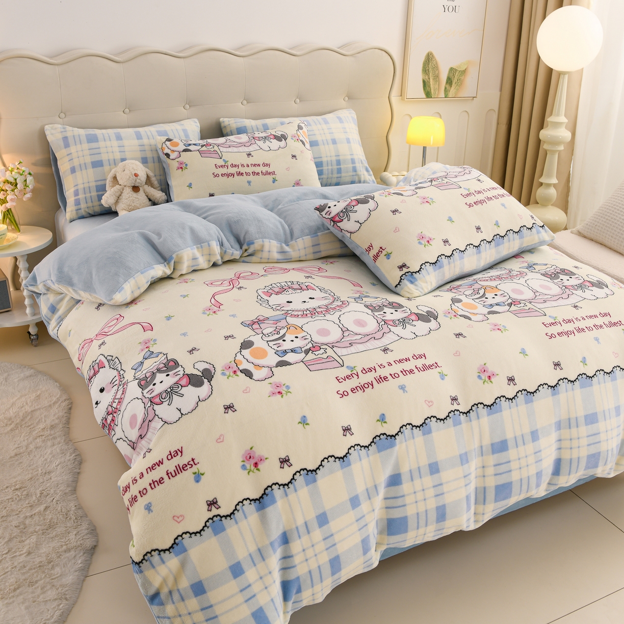 91家纺网 家纺一手货源 找家纺 紫月轩家纺 2025新款A类牛奶绒小清新印花四件套 喵格童话