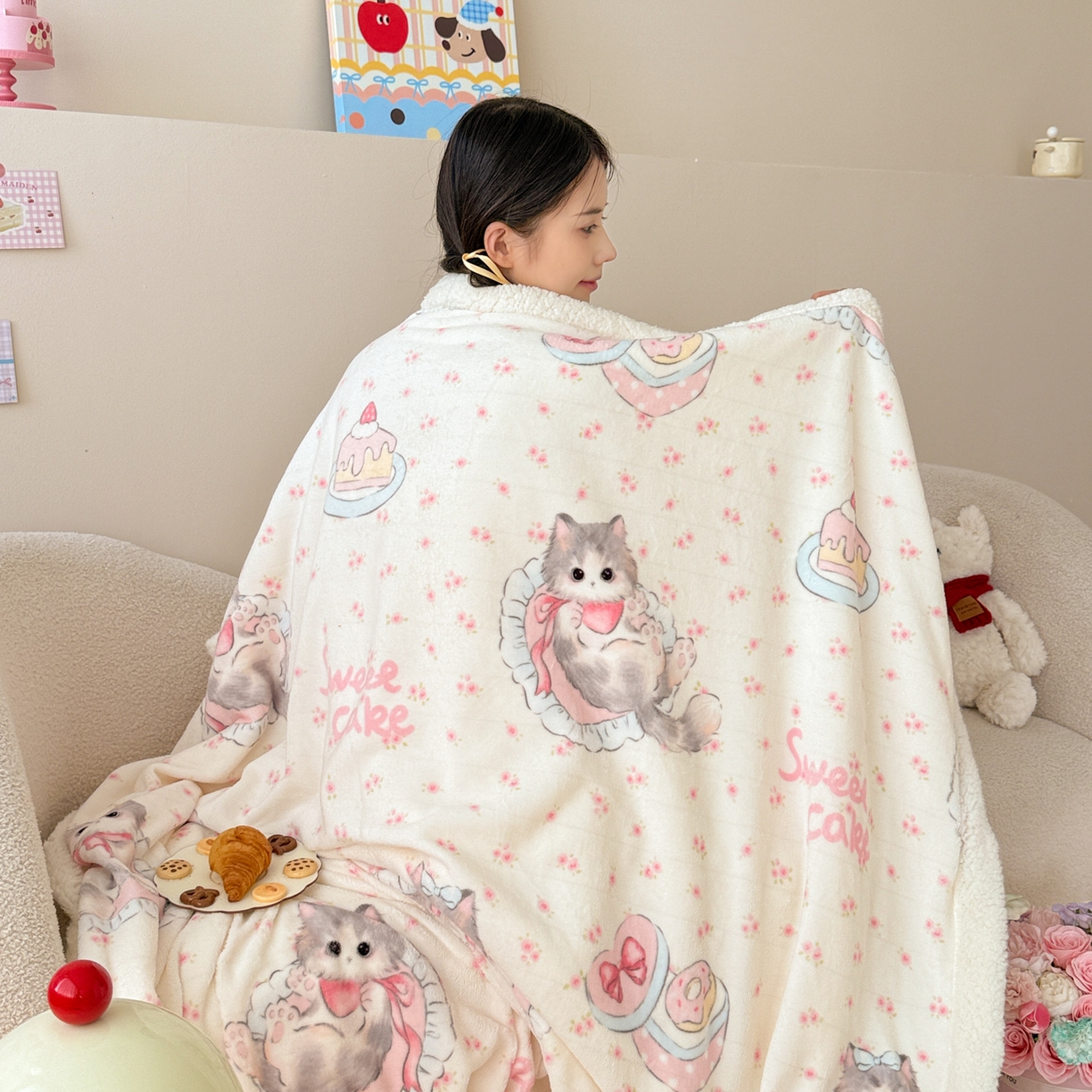 91家纺网 家纺一手货源 找家纺 沐慕 2025新款牛奶绒拼羊羔绒毛毯盖毯毯子 毛毯-玫瑰粉喵